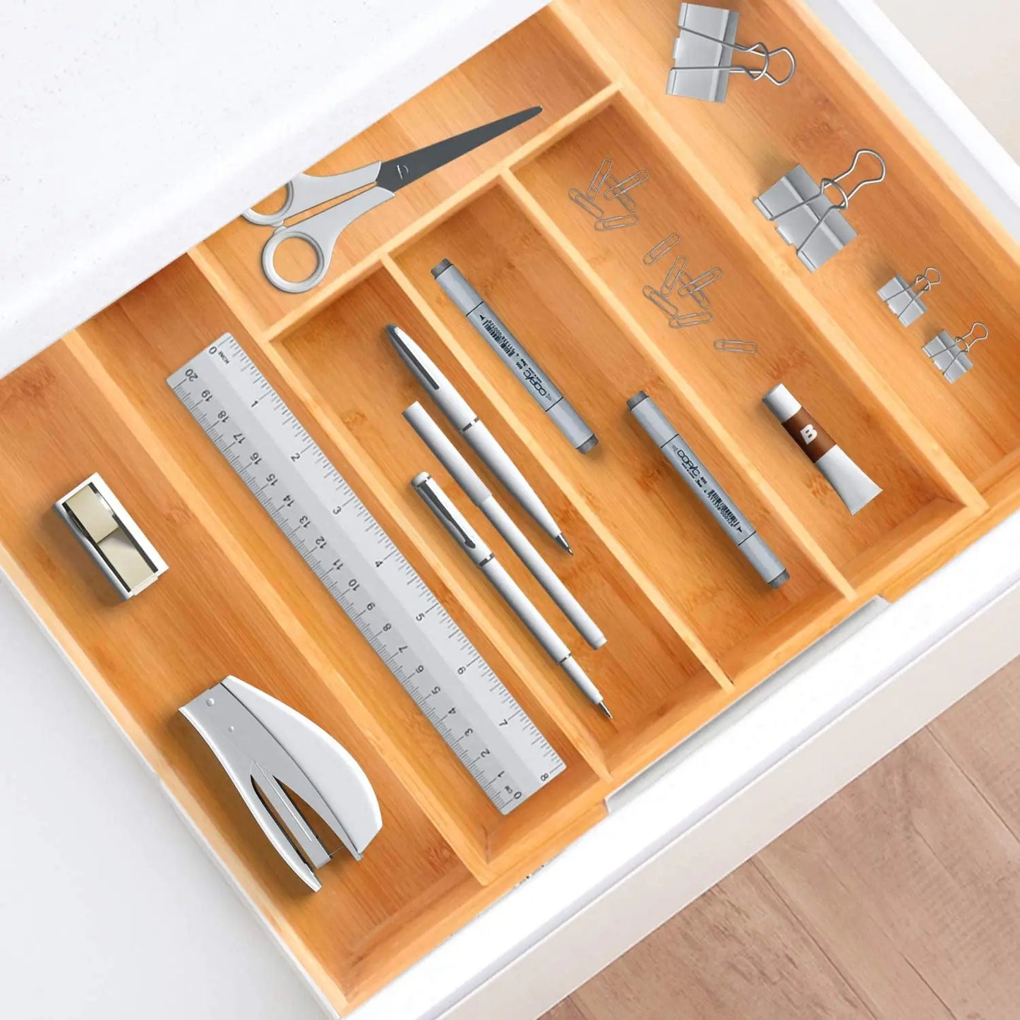 Eco-Friendly Adjustable Bamboo Drawer Organizer | Versatile Storage for Kitchen Utensils