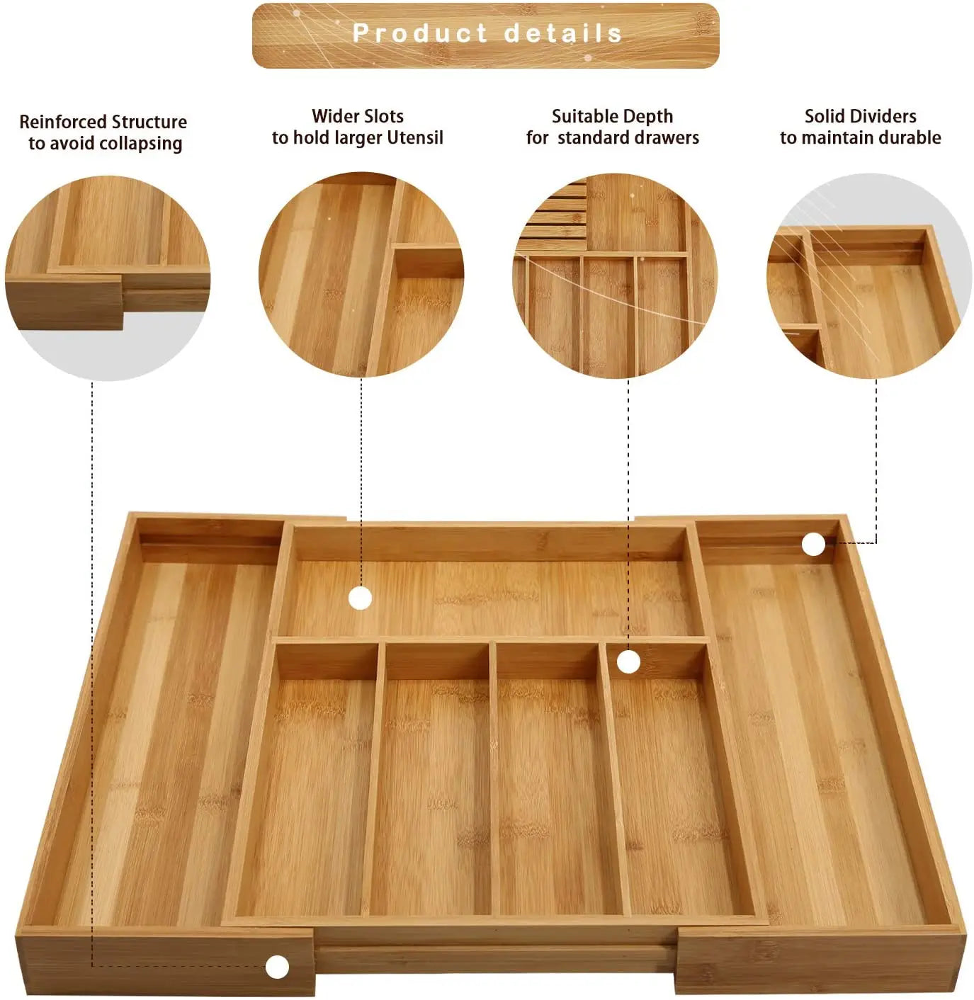 Eco-Friendly Adjustable Bamboo Drawer Organizer | Versatile Storage for Kitchen Utensils