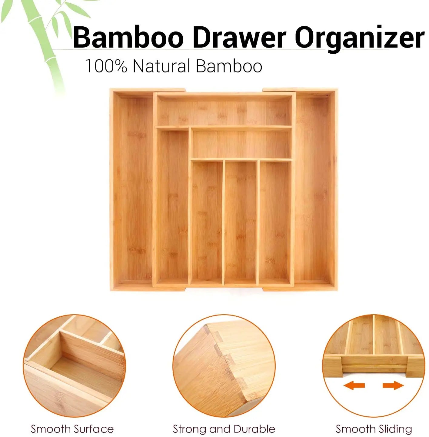 Eco-Friendly Adjustable Bamboo Drawer Organizer | Versatile Storage for Kitchen Utensils