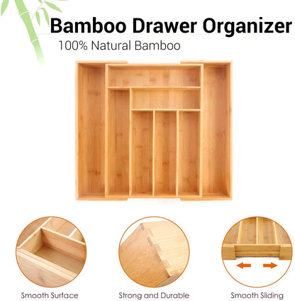 Eco-Friendly Adjustable Bamboo Drawer Organizer | Versatile Storage for Kitchen Utensils