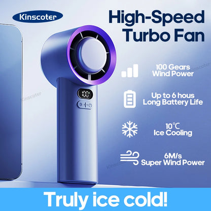 Turbo Handheld Fan with 100 Speeds & Ice-Cooling | Compact & Powerful Cooling Solution