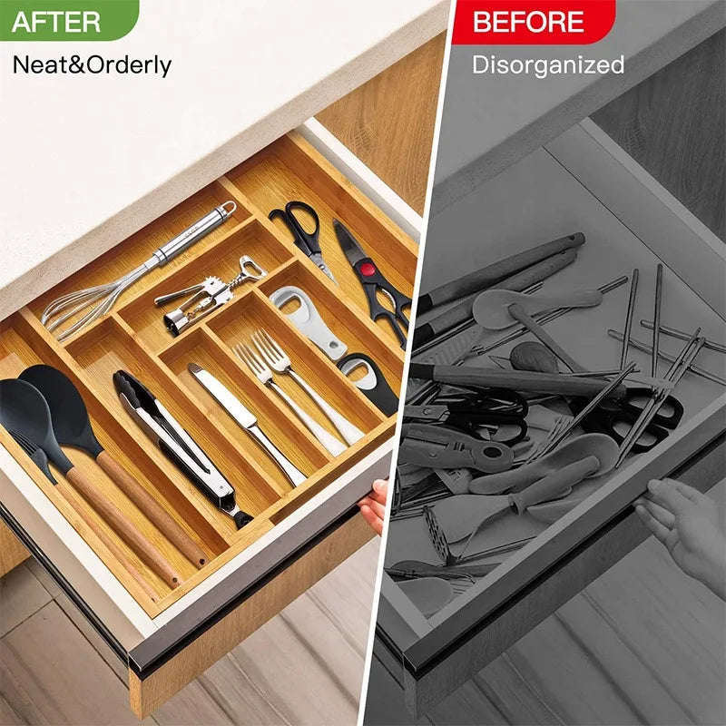 Eco-Friendly Adjustable Bamboo Drawer Organizer | Versatile Storage for Kitchen Utensils