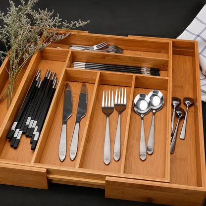 Eco-Friendly Adjustable Bamboo Drawer Organizer | Versatile Storage for Kitchen Utensils