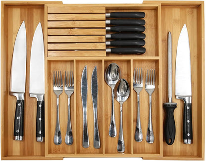 Eco-Friendly Adjustable Bamboo Drawer Organizer | Versatile Storage for Kitchen Utensils