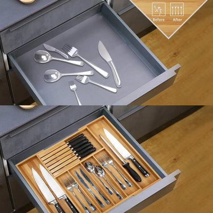 Eco-Friendly Adjustable Bamboo Drawer Organizer | Versatile Storage for Kitchen Utensils