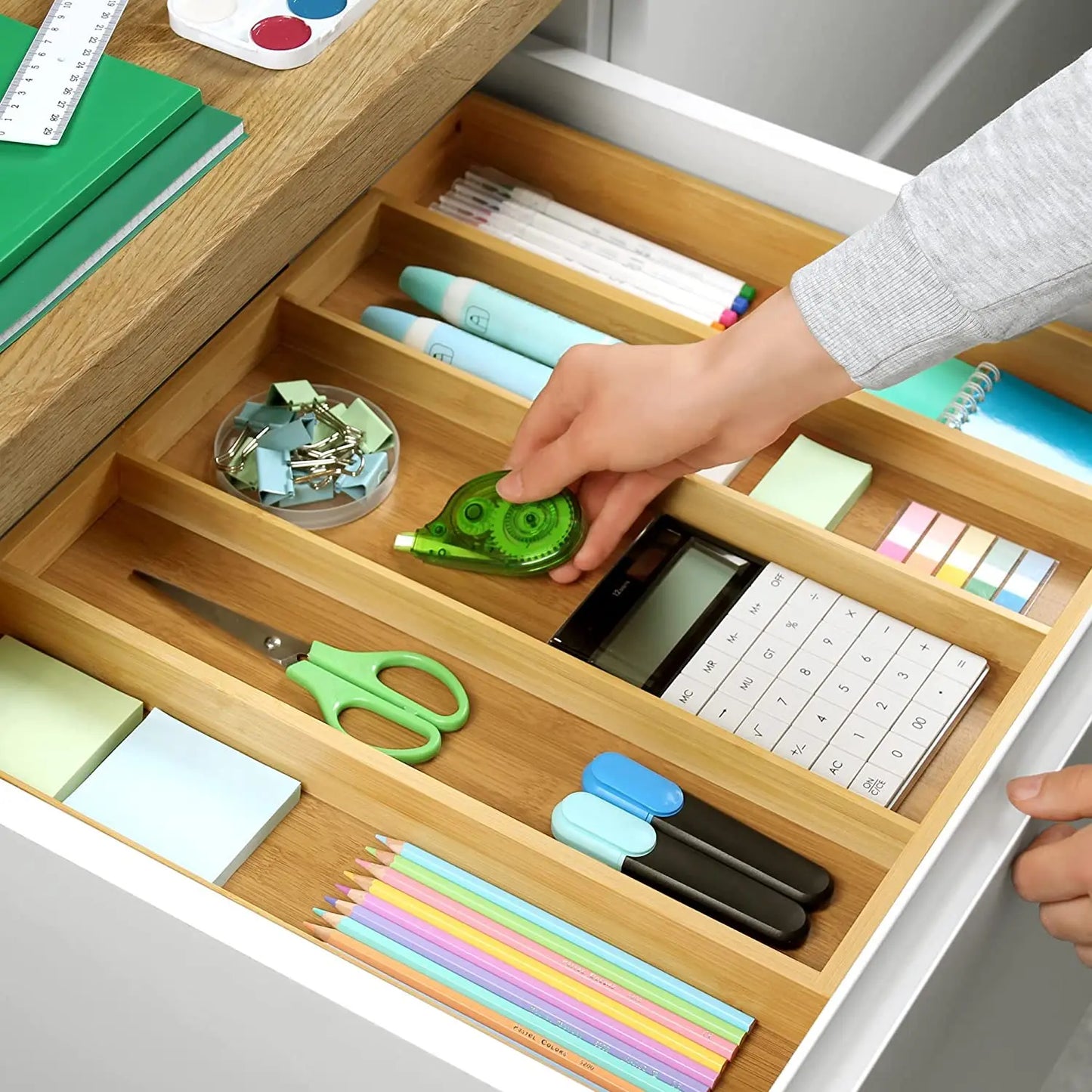 Eco-Friendly Adjustable Bamboo Drawer Organizer | Versatile Storage for Kitchen Utensils