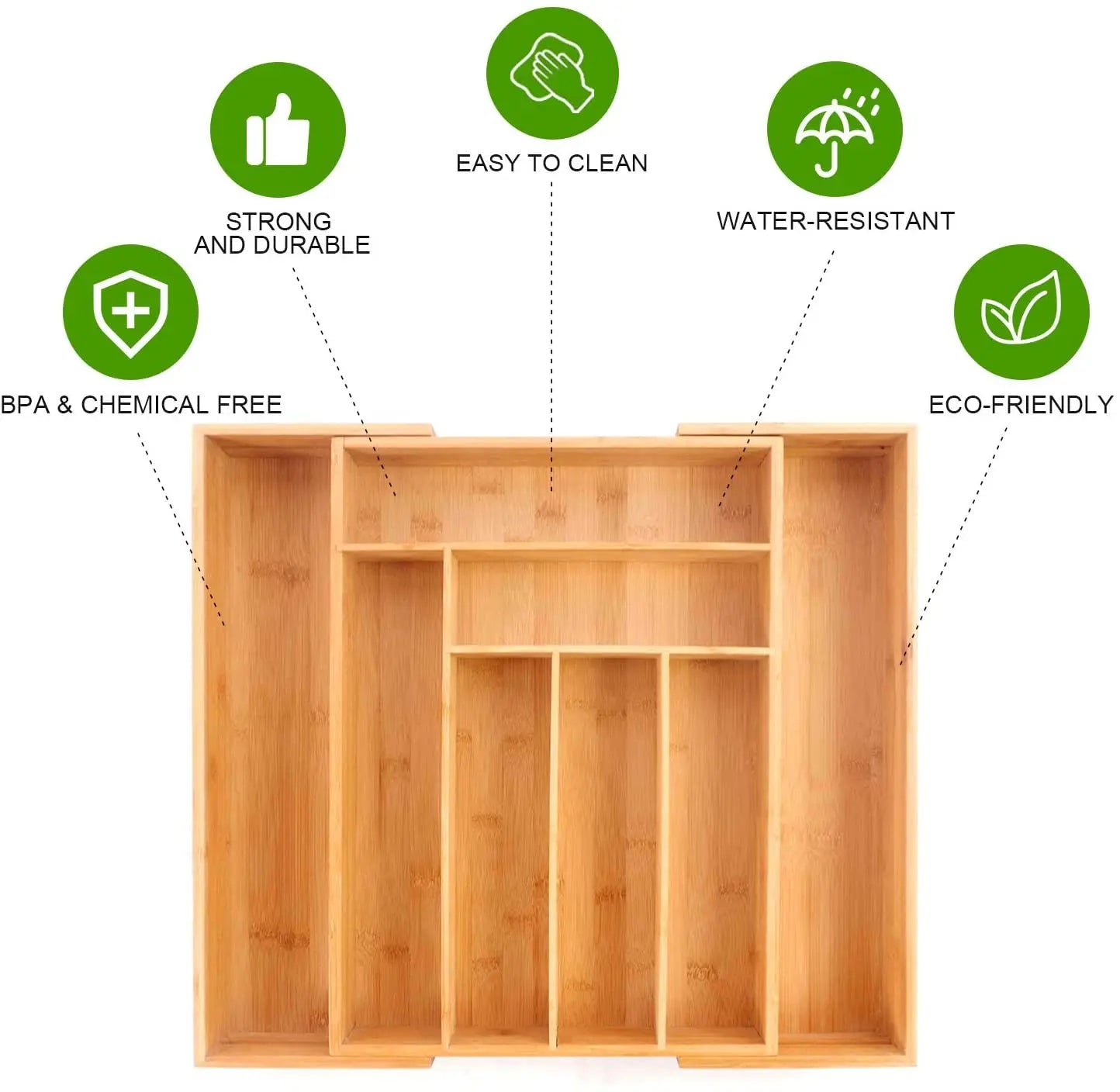 Eco-Friendly Adjustable Bamboo Drawer Organizer | Versatile Storage for Kitchen Utensils