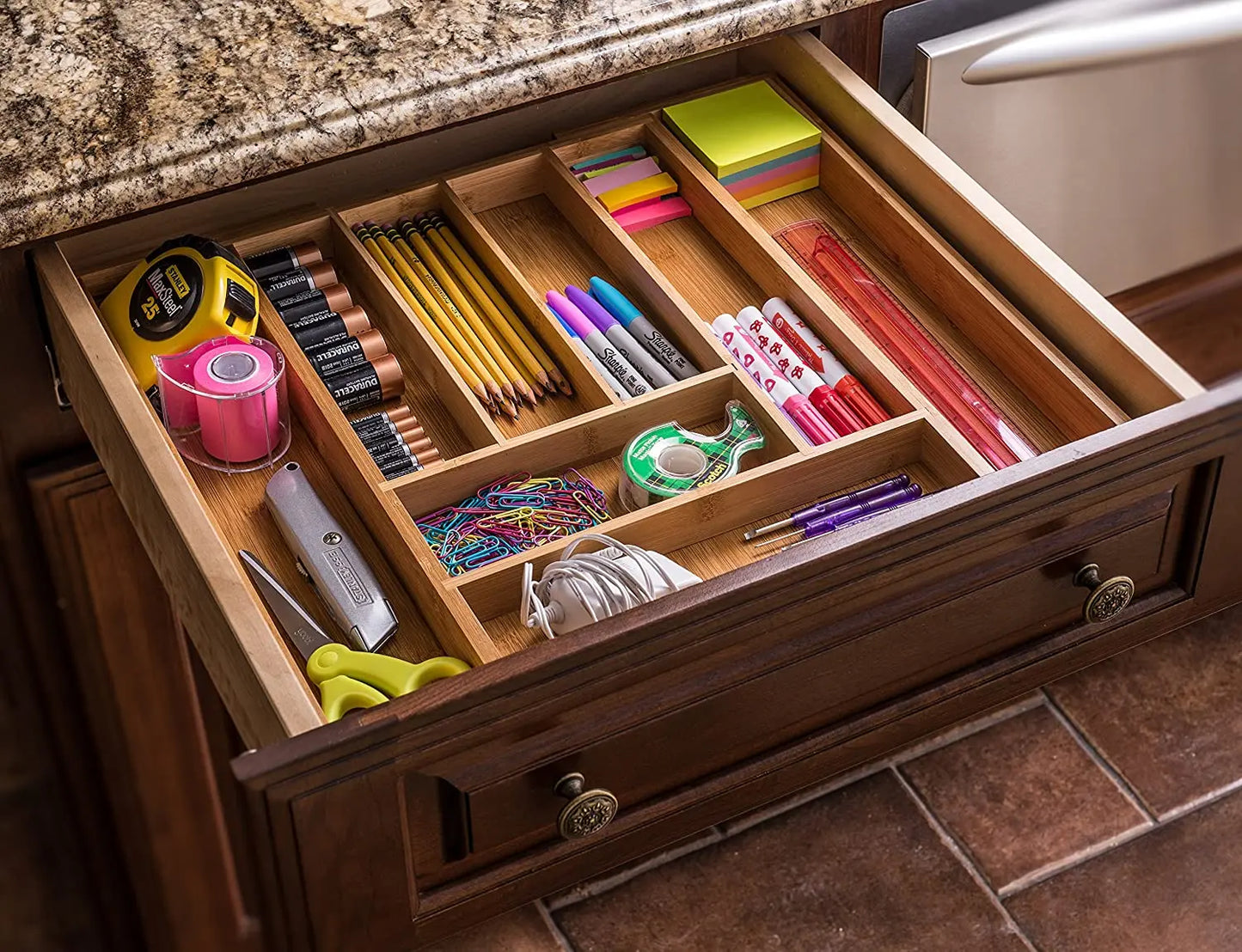 Eco-Friendly Adjustable Bamboo Drawer Organizer | Versatile Storage for Kitchen Utensils