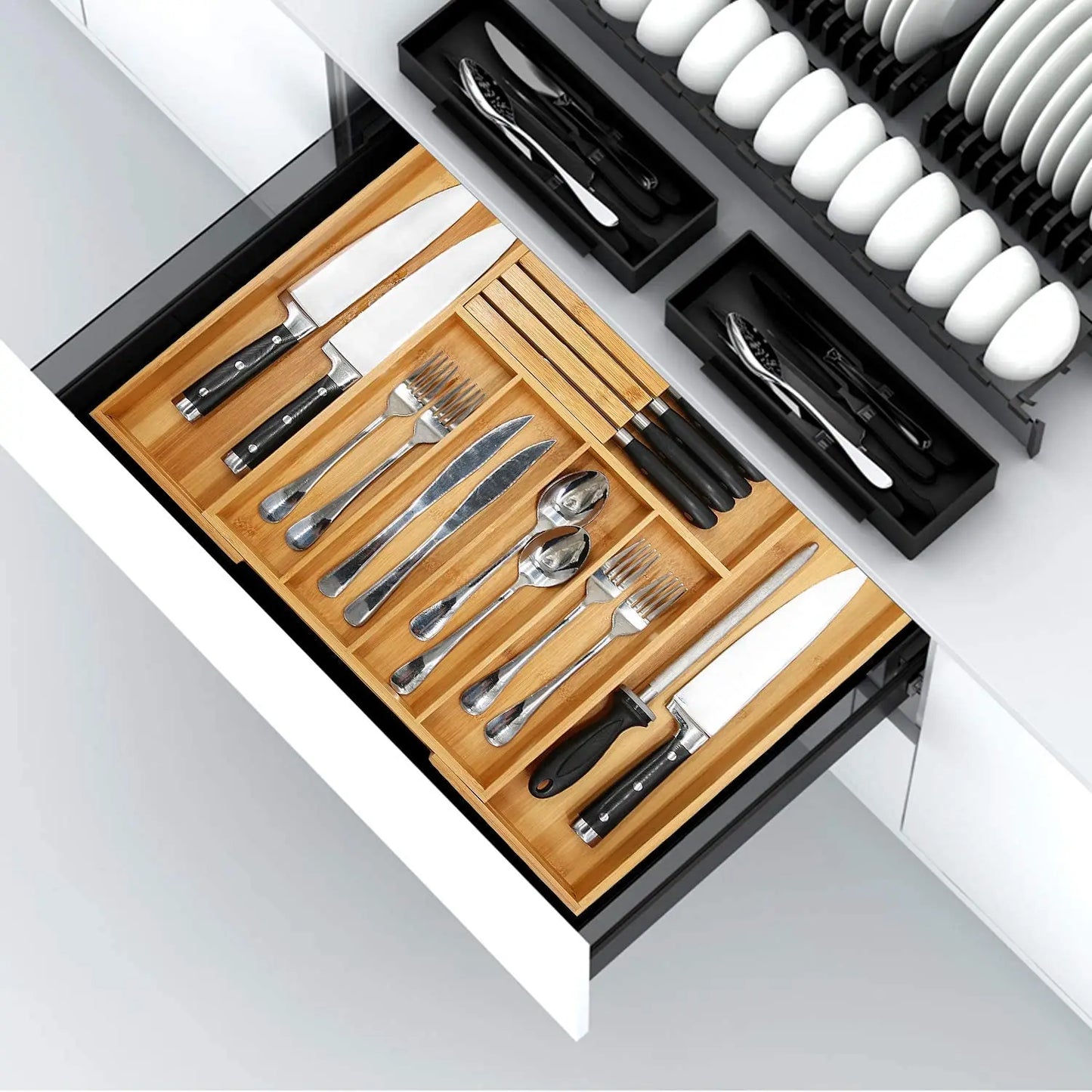 Eco-Friendly Adjustable Bamboo Drawer Organizer | Versatile Storage for Kitchen Utensils