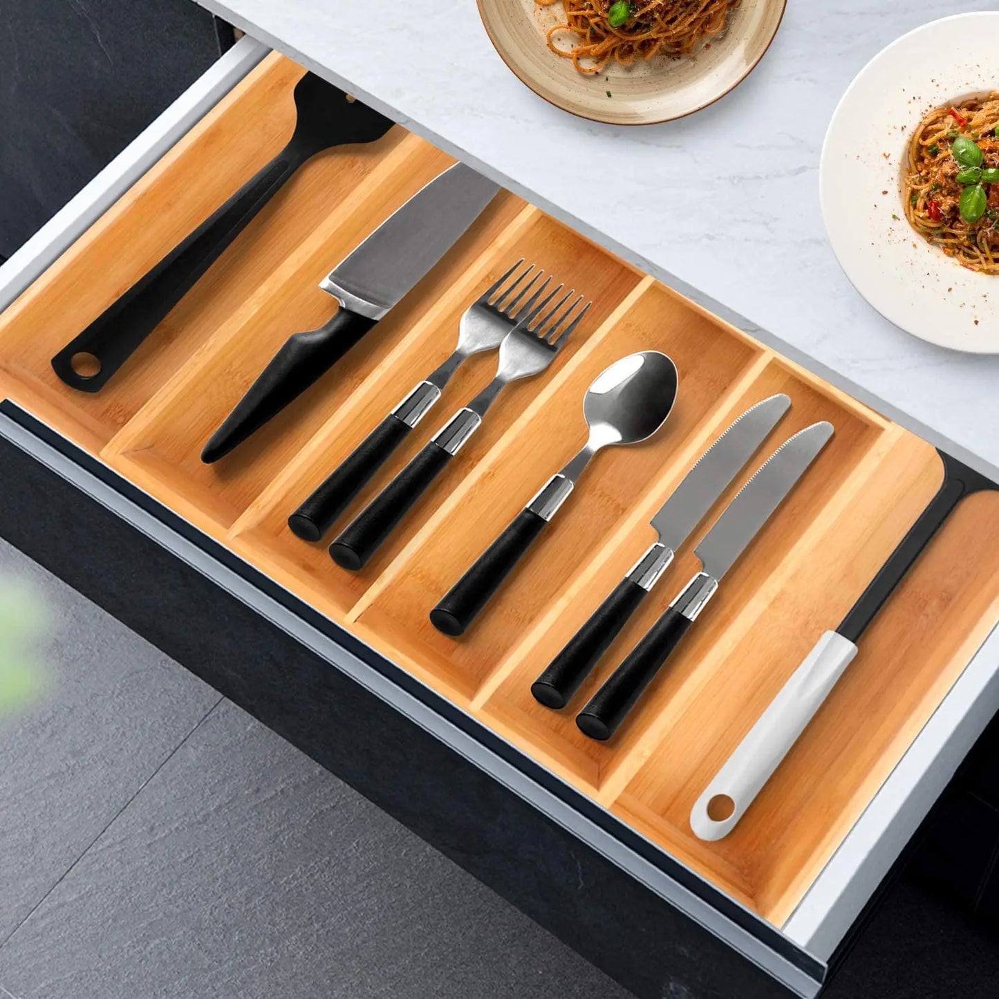 Eco-Friendly Adjustable Bamboo Drawer Organizer | Versatile Storage for Kitchen Utensils