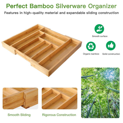 Eco-Friendly Adjustable Bamboo Drawer Organizer | Versatile Storage for Kitchen Utensils