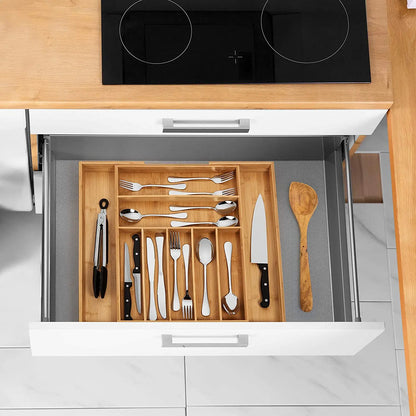 Eco-Friendly Adjustable Bamboo Drawer Organizer | Versatile Storage for Kitchen Utensils