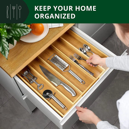 Eco-Friendly Adjustable Bamboo Drawer Organizer | Versatile Storage for Kitchen Utensils